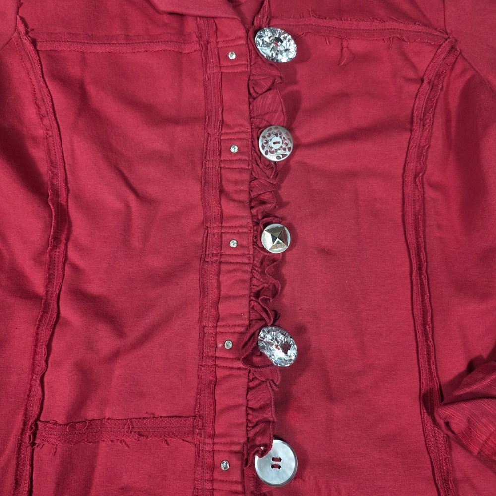 Neon Buddha Ruffle Button Up Red Jacket Women L Unique Buttons Boho Lagenlook - Picture 6 of 8